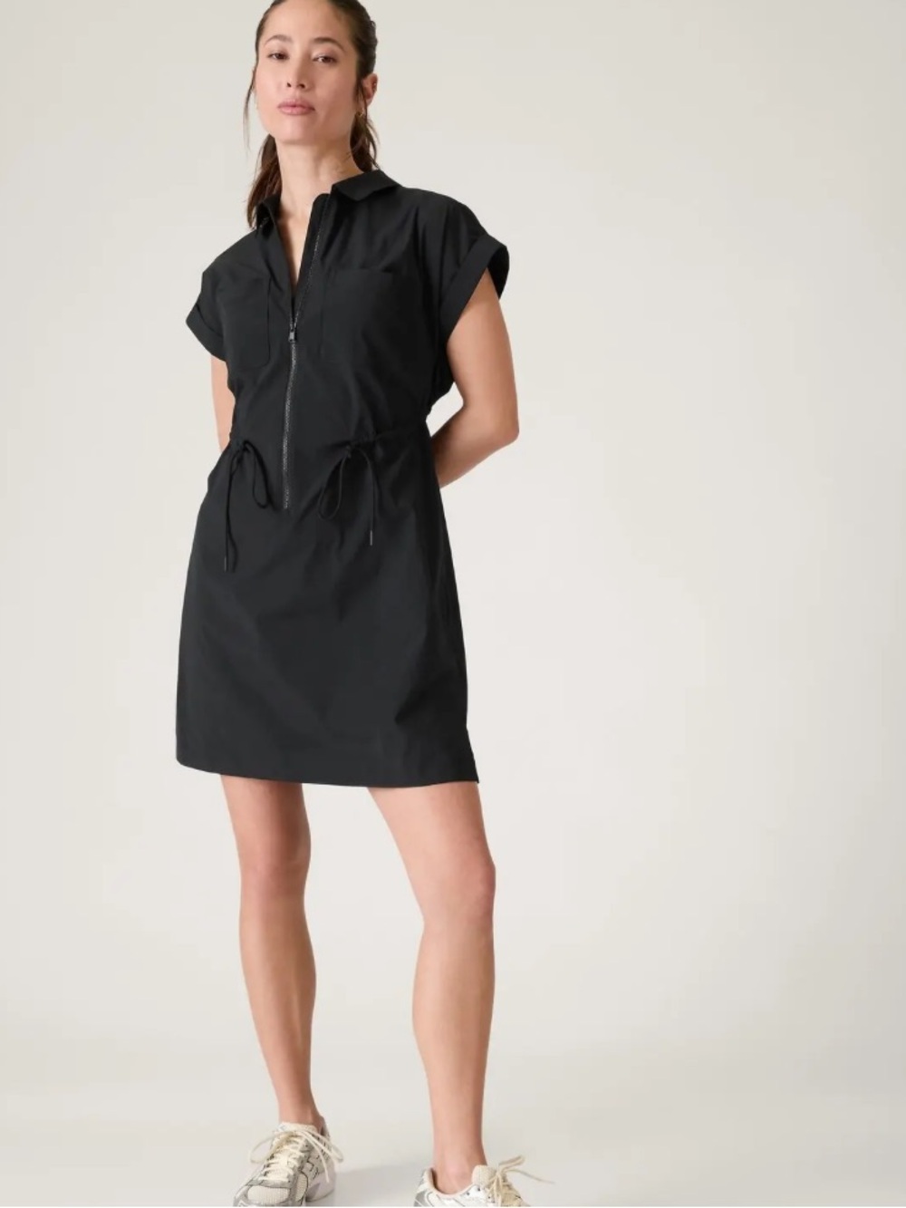 NWOT - Athleta TopSpin Dress - Black Zip-Front Drawstring - Size XL